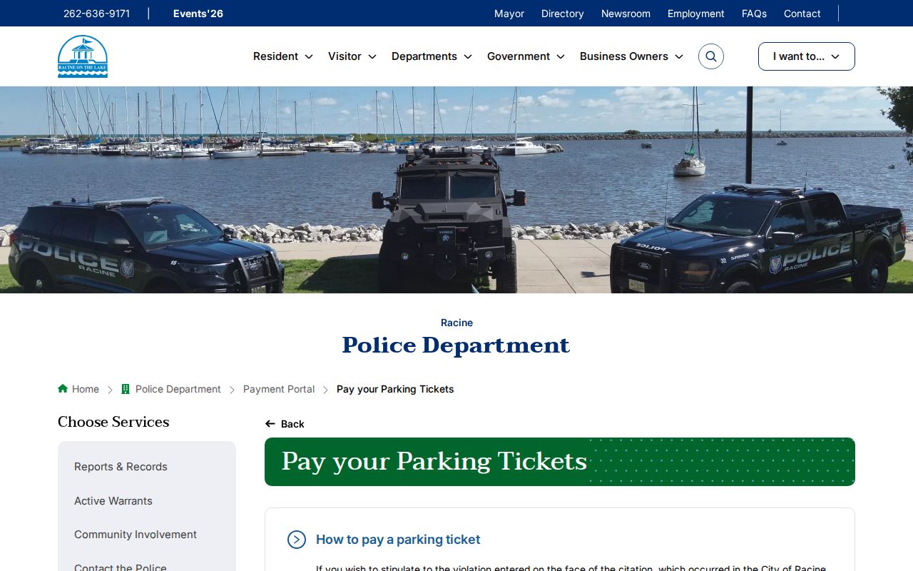 City of Racine parking-ticket portal with plate search information