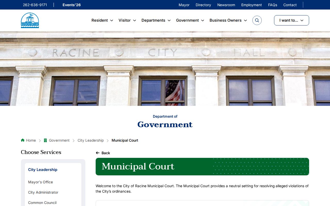 Official Racine Municipal Court page showing city court information