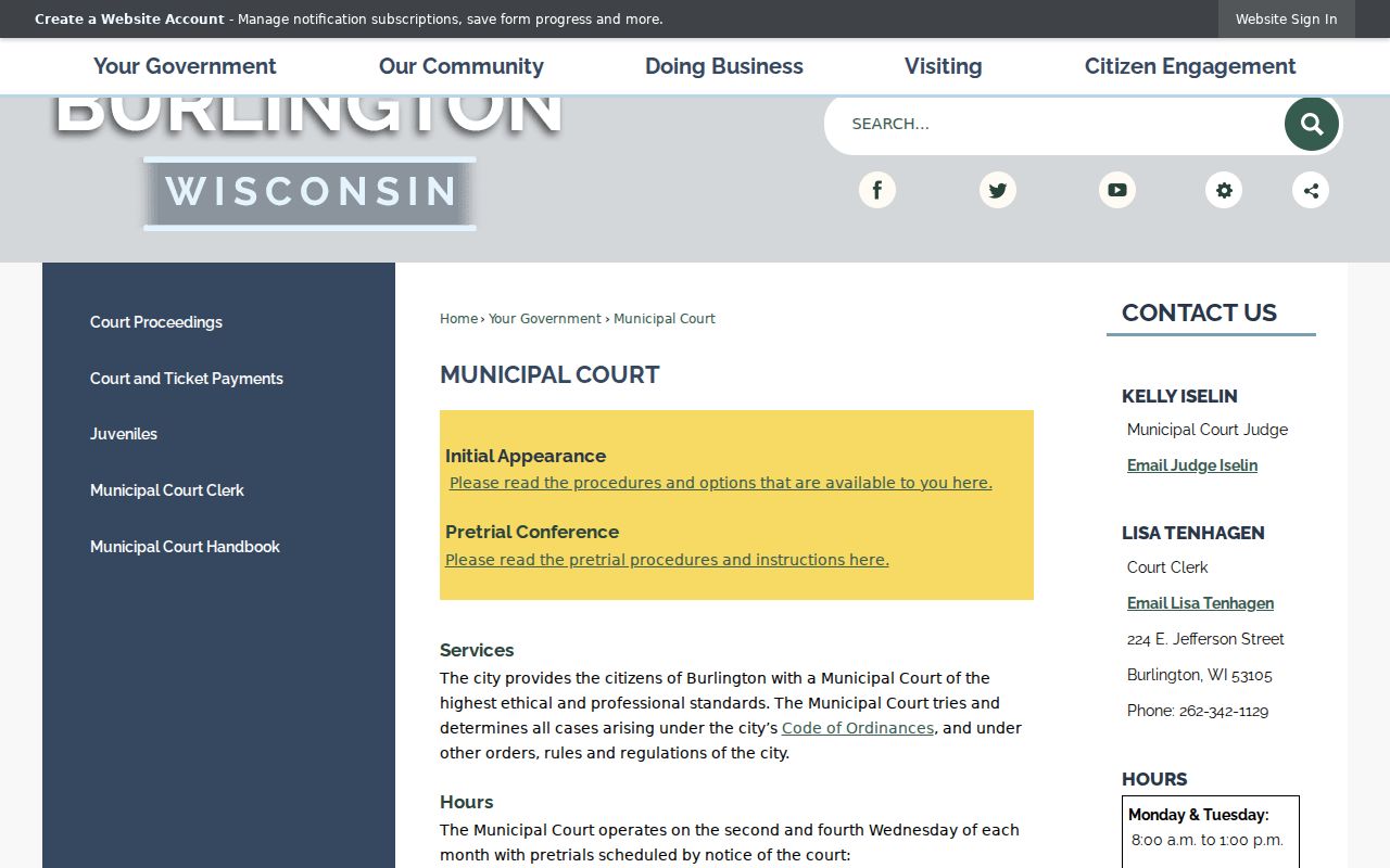 Burlington Municipal Court page with court schedule and clerk information