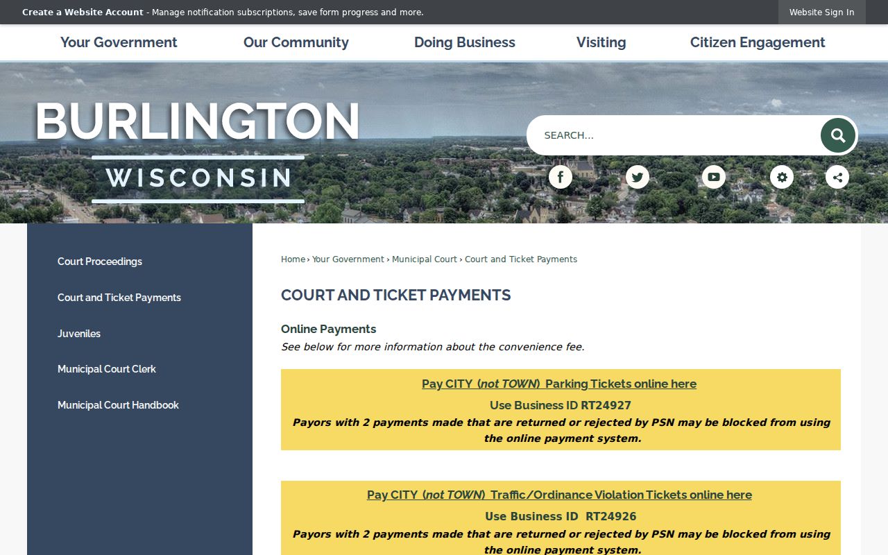 Burlington court payment page separating city and town tickets