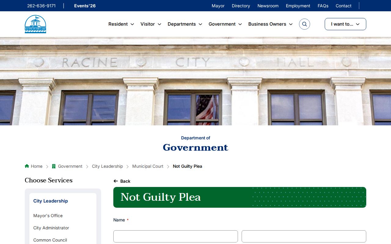 Racine online not-guilty plea form with citation and court-date fields
